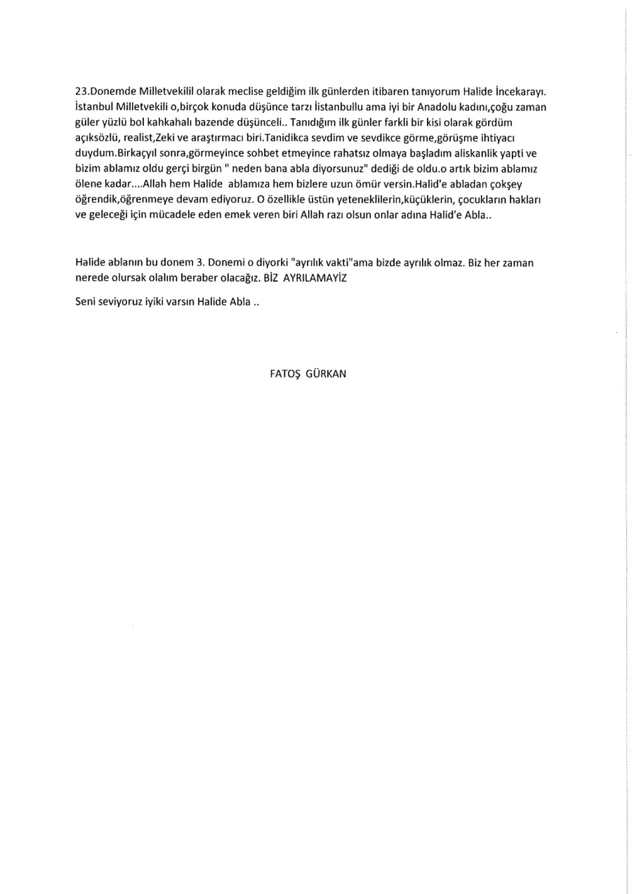 Fatoş Gürkan mektubunun ilk sayfası