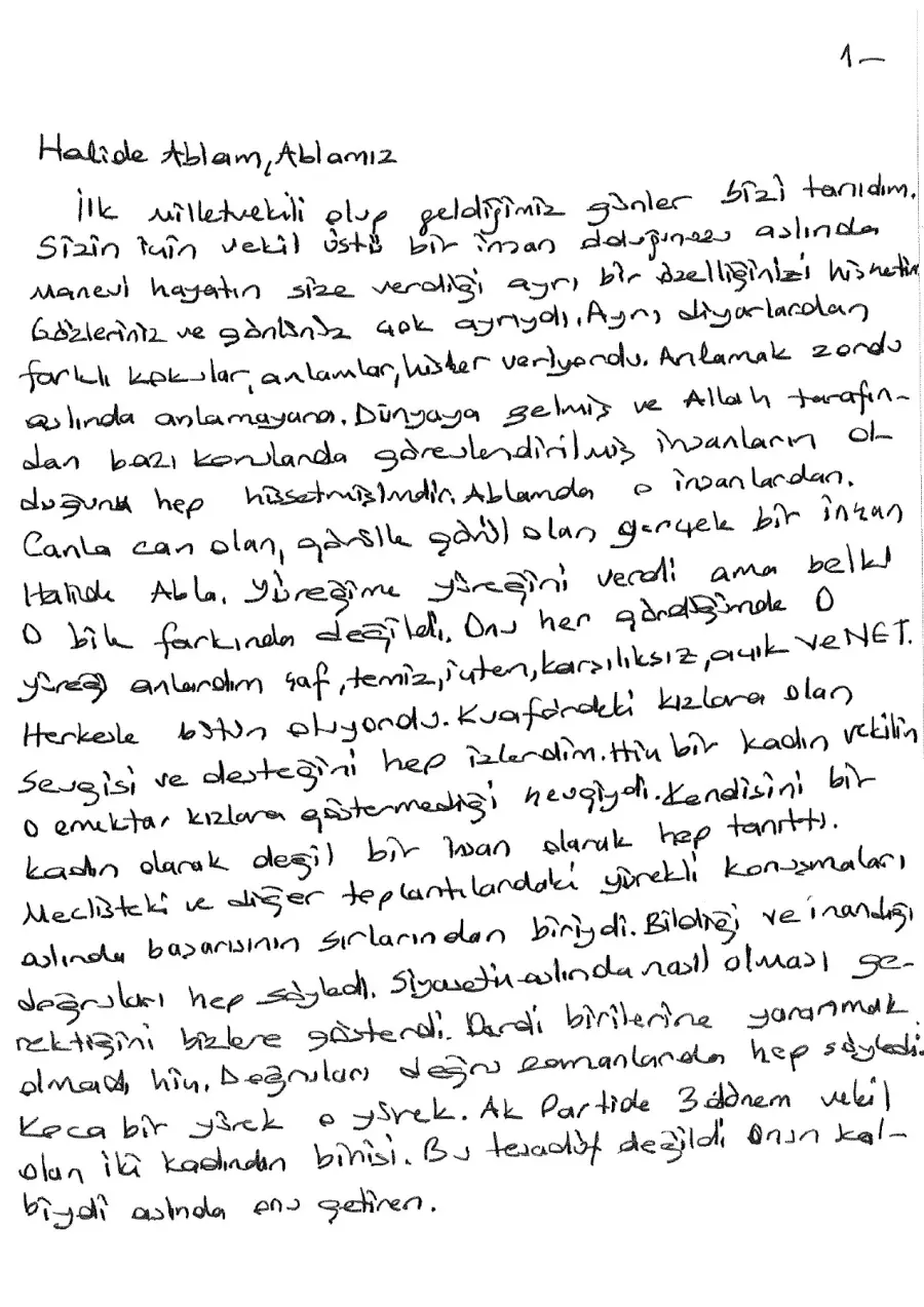 Fatma Salman Kotan mektubunun ilk sayfası