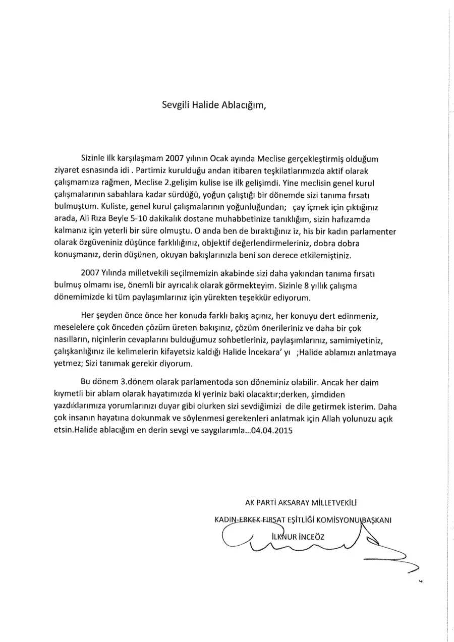 İlknur İnceöz mektubunun ilk sayfası