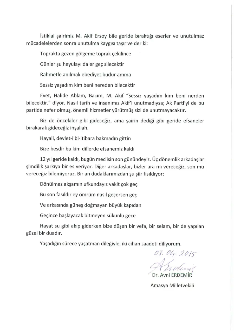 Dr. Avni Erdemir mektubunun ilk sayfası
