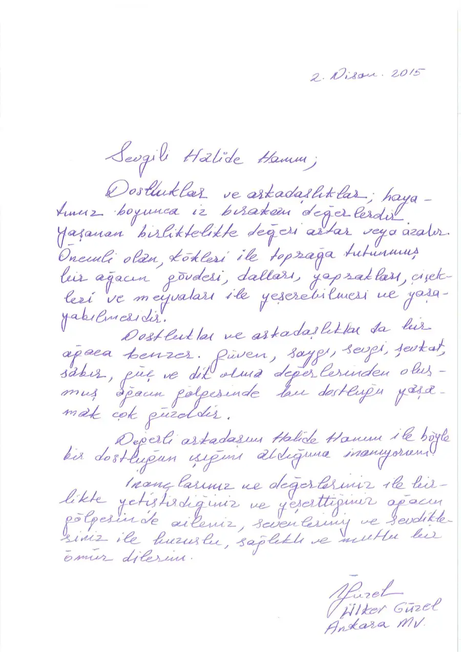 Ülker Güzel mektubunun ilk sayfası