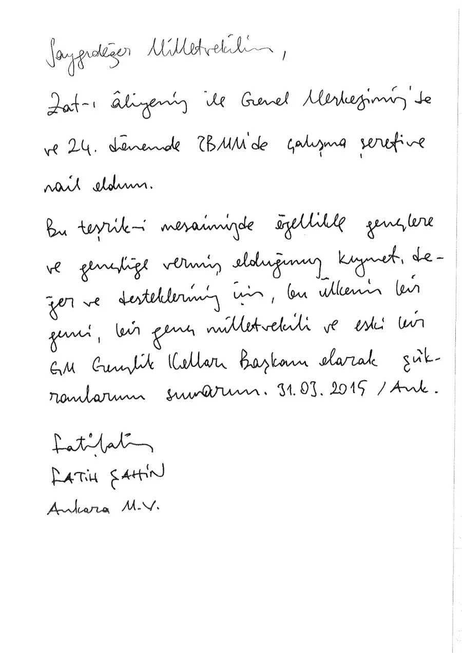 Fatih Şahin mektubunun ilk sayfası