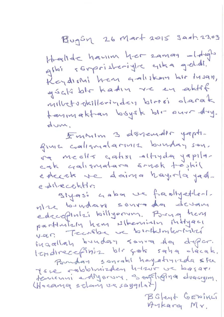 Bülent Gedikli mektubunun ilk sayfası