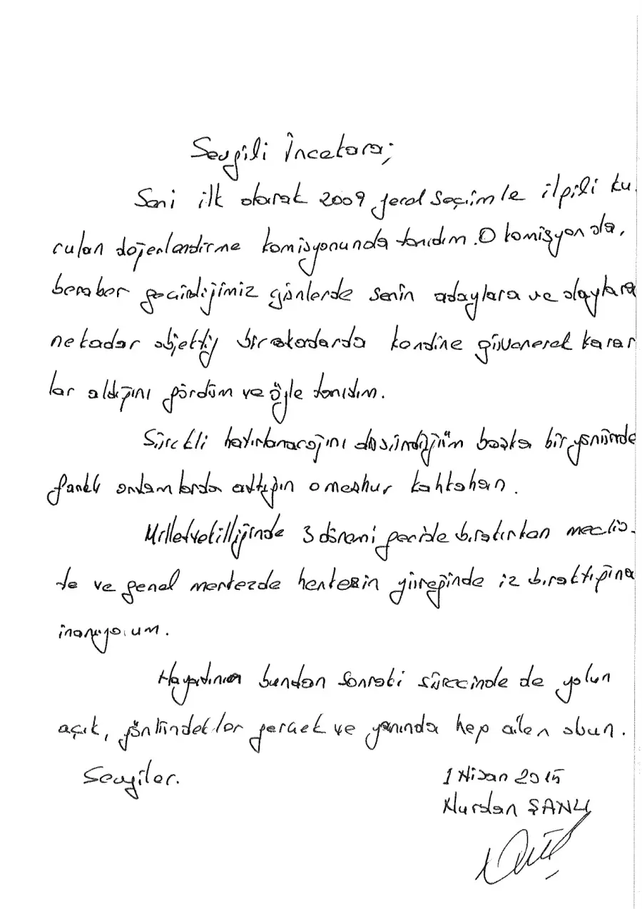 Nurdan Şanlı mektubunun ilk sayfası
