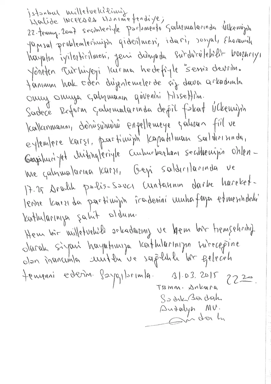 Sadık Badak mektubunun ilk sayfası