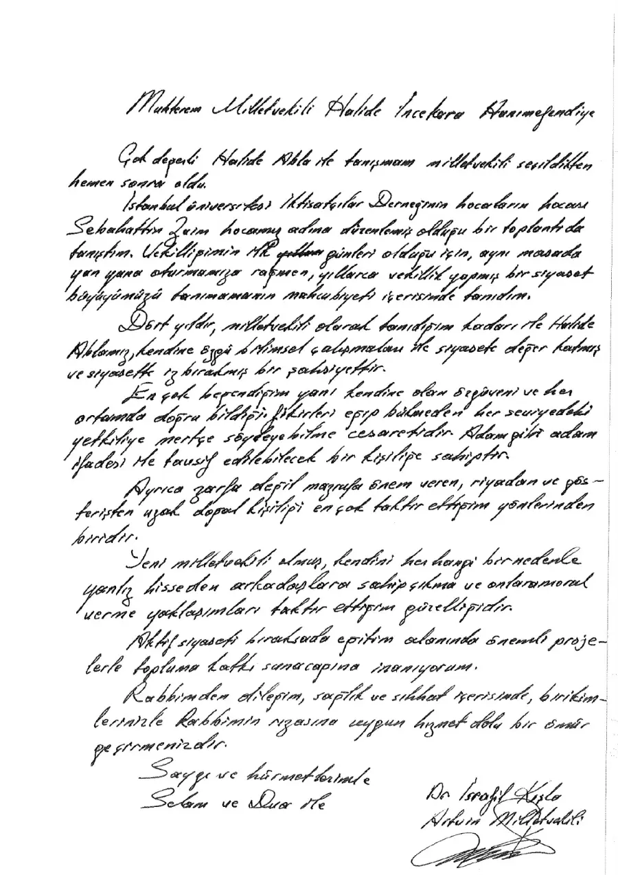 Dr. İsrafil Kışla mektubunun ilk sayfası