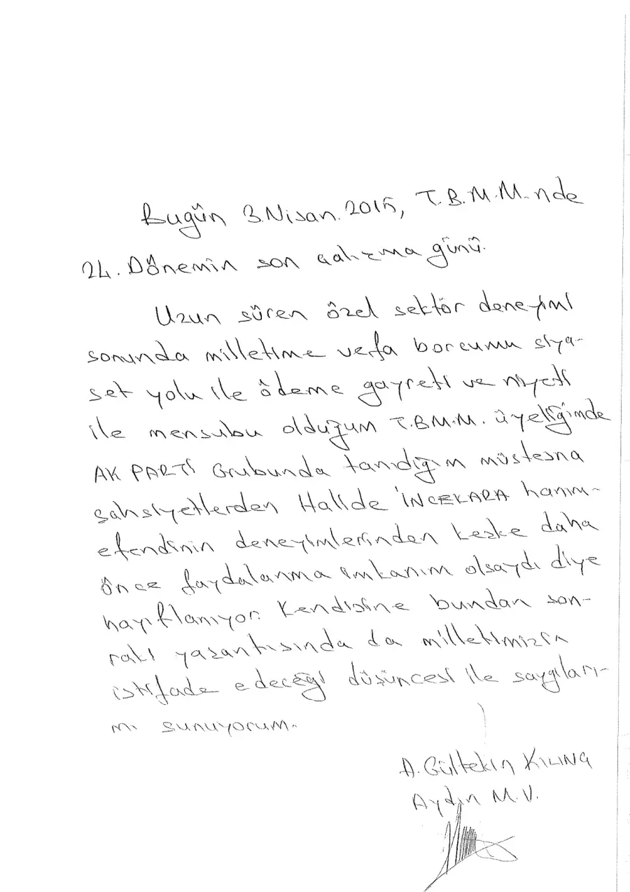 A. Gültekin Kılınç mektubunun ilk sayfası