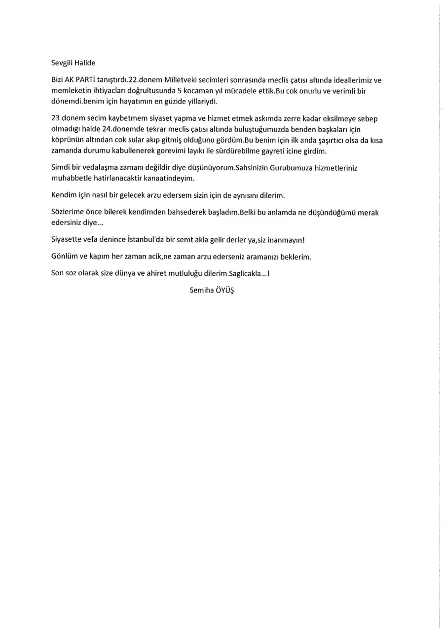 Semiha Öyüş mektubunun ilk sayfası
