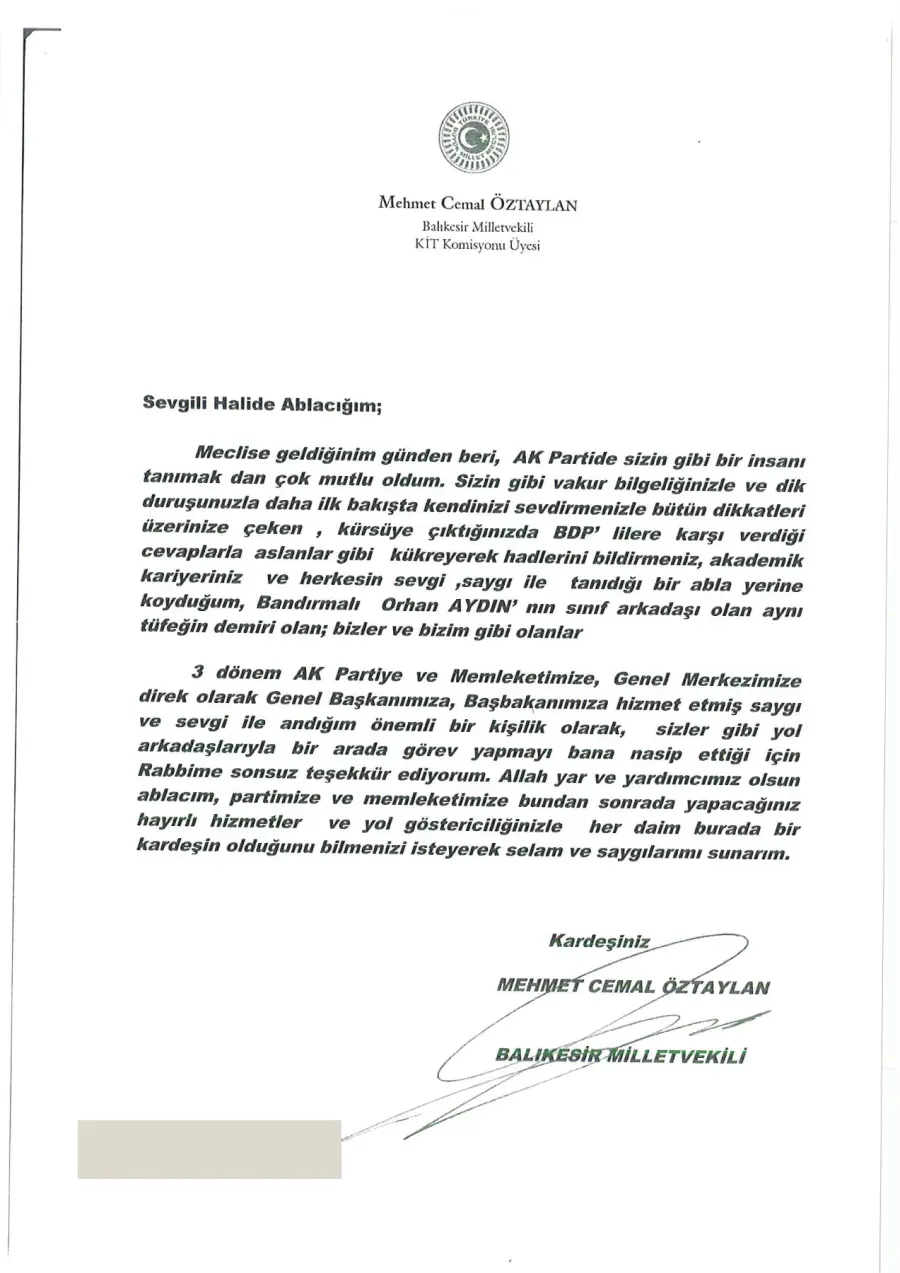 Mehmet Cemal Öztaylan mektubunun ilk sayfası