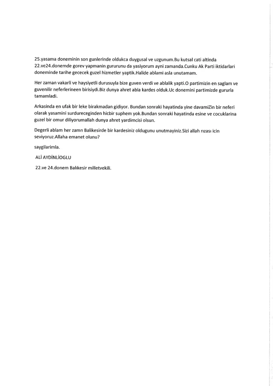 Ali Aydınlıoğlu mektubunun ilk sayfası