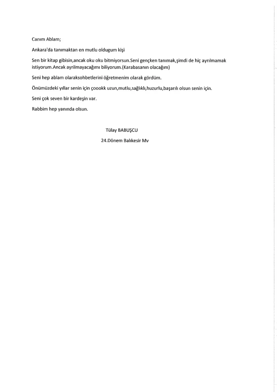 Tülay Babuşcu mektubunun ilk sayfası