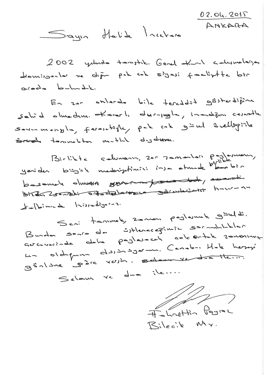 Fahrettin Poyraz mektubunun ilk sayfası