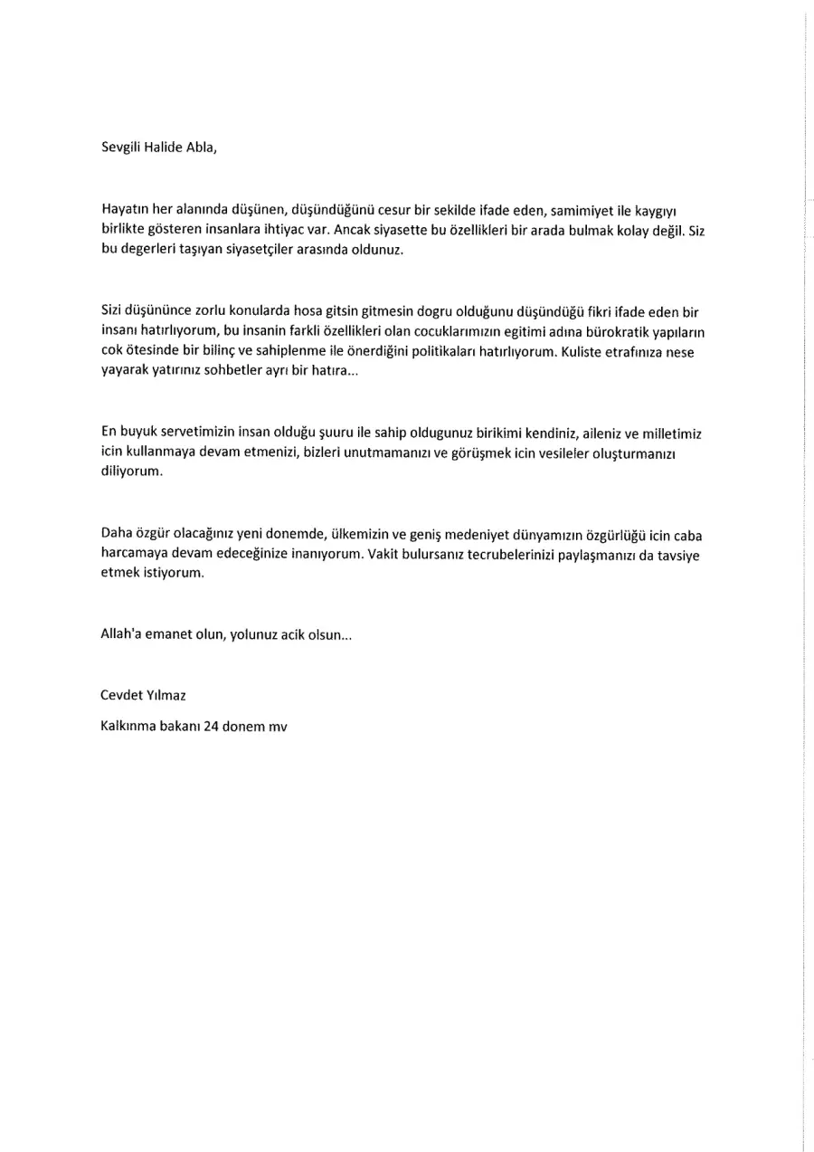 Cevdet Yılmaz mektubunun ilk sayfası