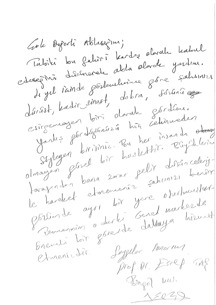 Prof. Dr. Eşref Taş mektubunun ilk sayfası