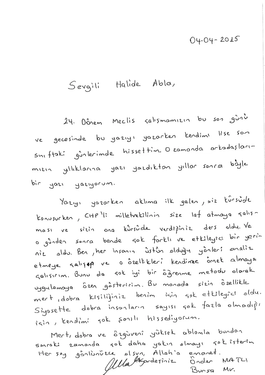 Önder Matlı mektubunun ilk sayfası