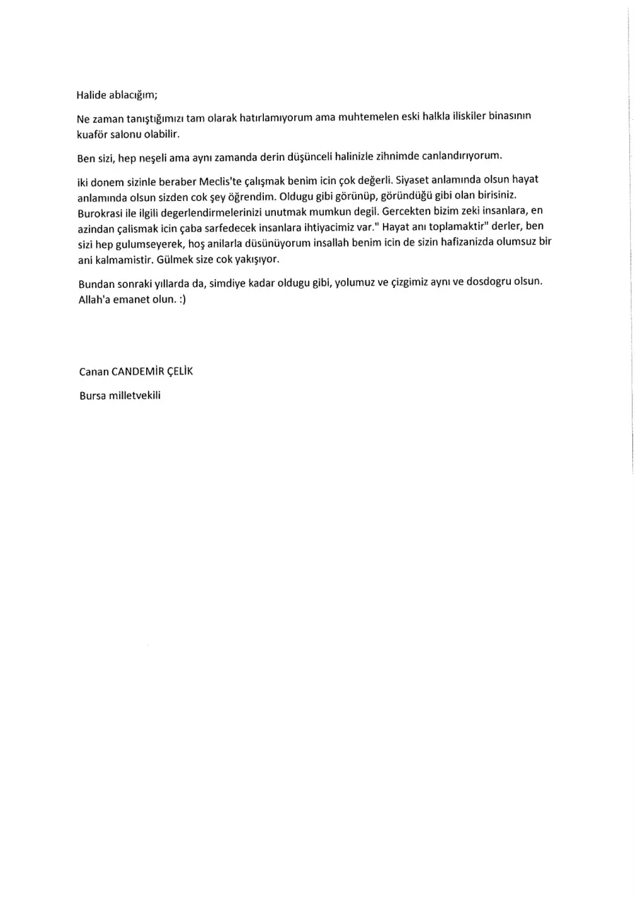 Canan Candemir Çelik mektubunun ilk sayfası