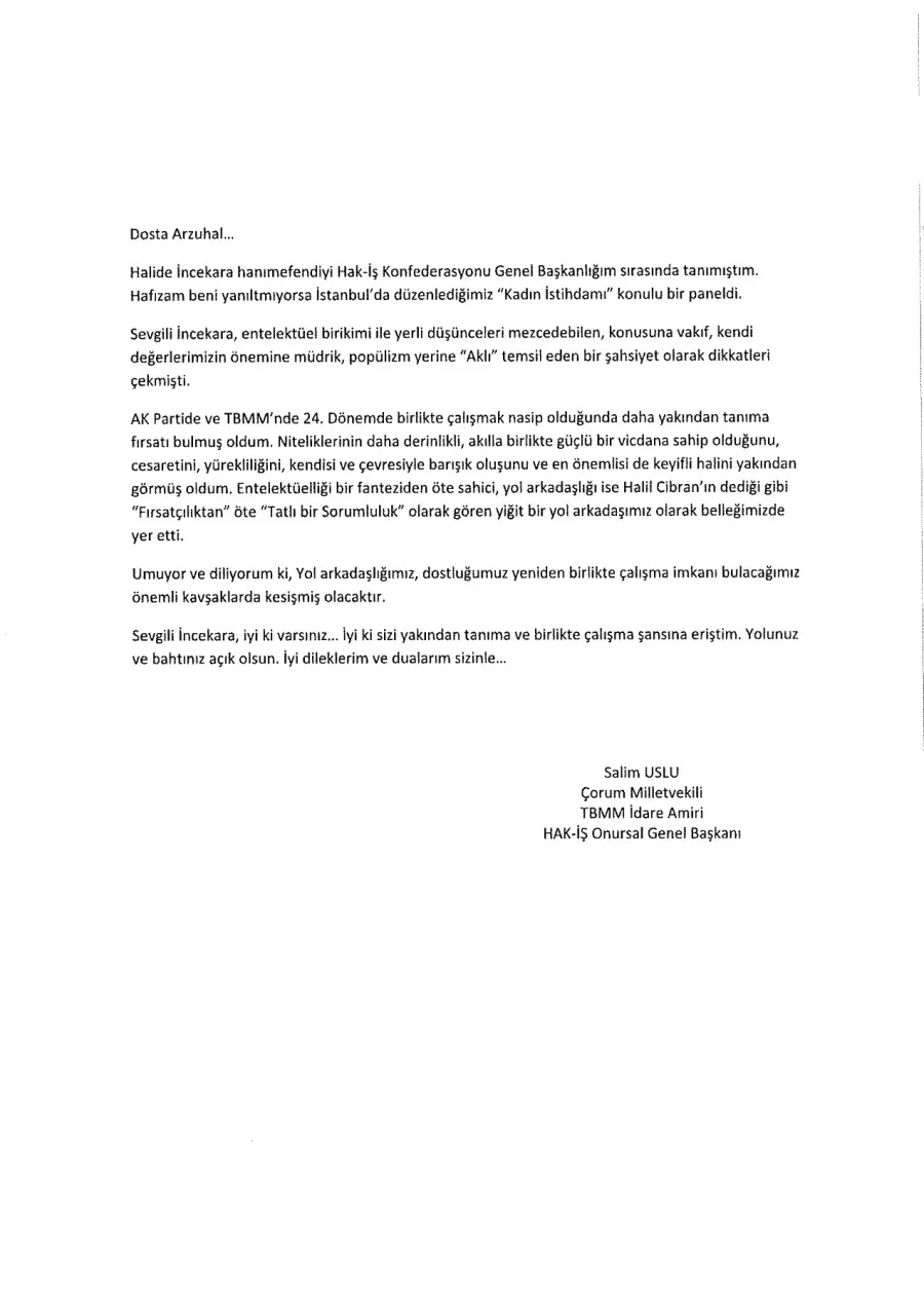 Salim Uslu mektubunun ilk sayfası