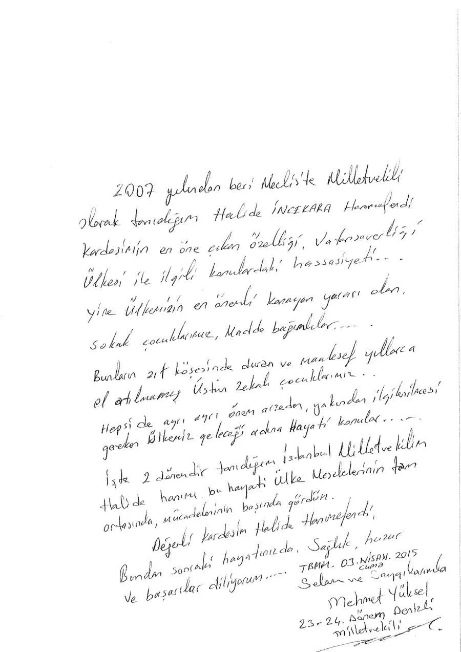 Mehmet Yüksel mektubunun ilk sayfası