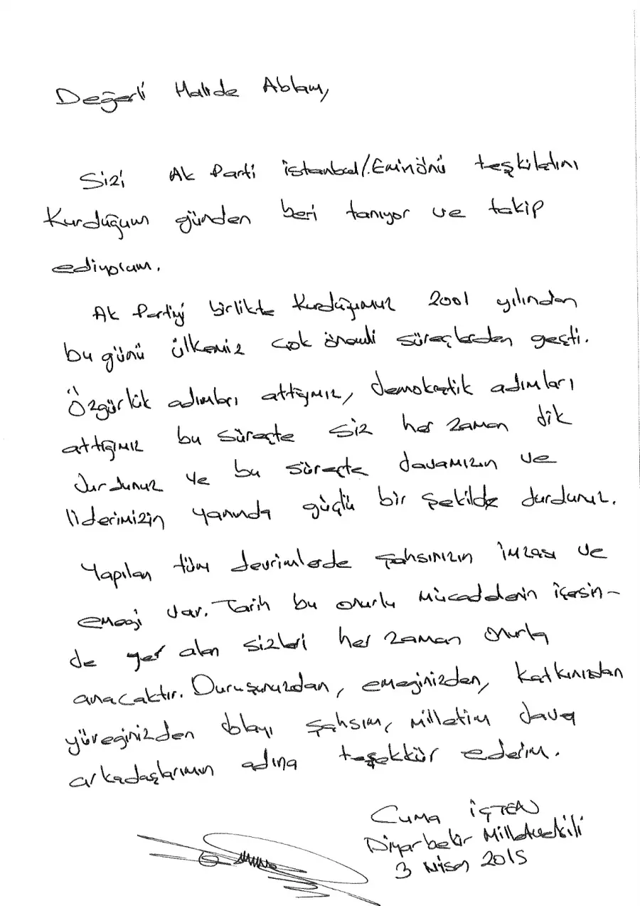 Cuma İçten mektubunun ilk sayfası