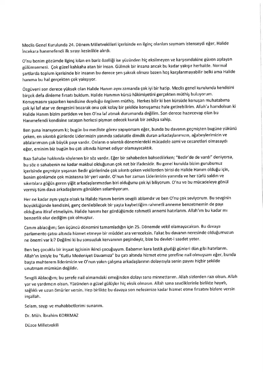 Dr. Müh. İbrahim Korkmaz mektubunun ilk sayfası