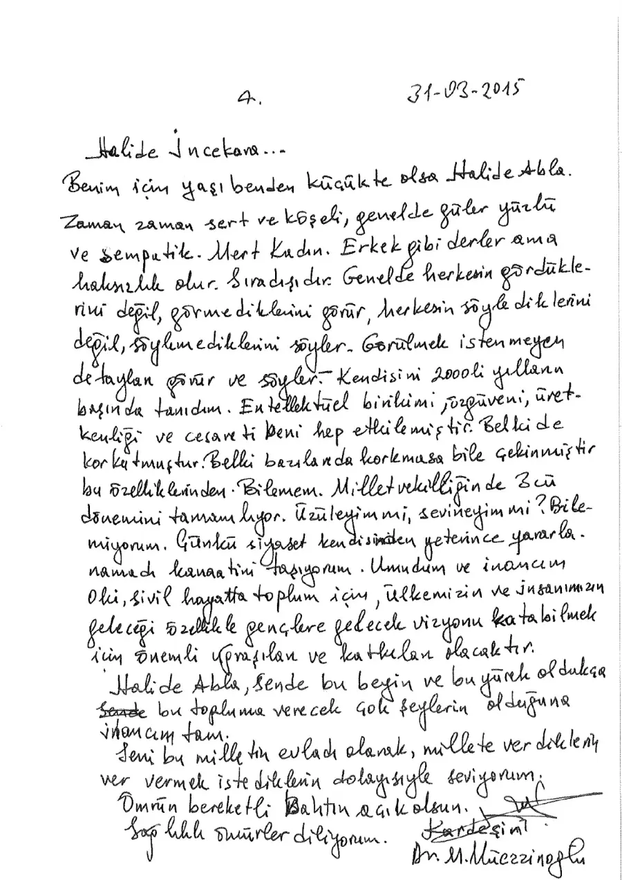 Dr. Mehmet Müezzinoğlu mektubunun ilk sayfası