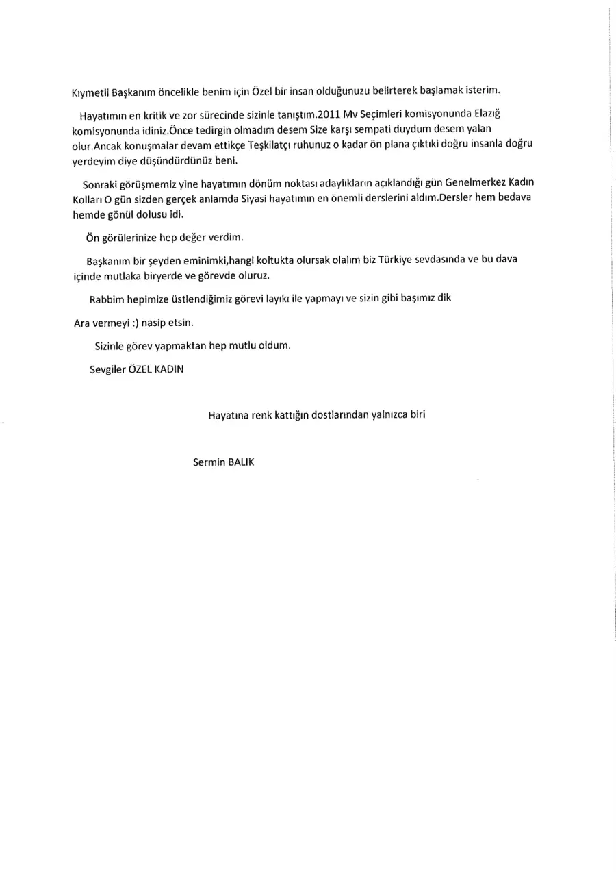 Sermin Balık mektubunun ilk sayfası