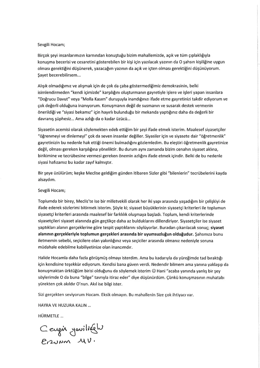 Cengiz Yavilioğlu mektubunun ilk sayfası