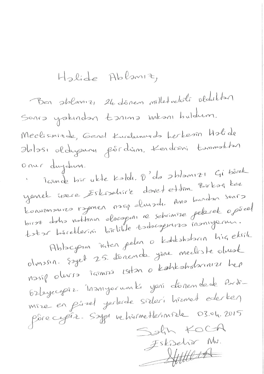 Salih Koca mektubunun ilk sayfası