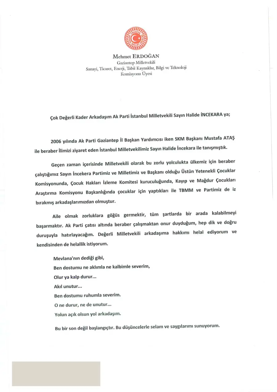 Mehmet Erdoğan mektubunun ilk sayfası
