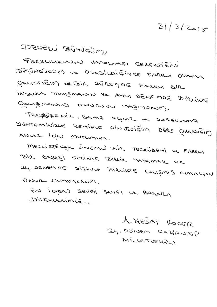 A. Nejat Koçer mektubunun ilk sayfası