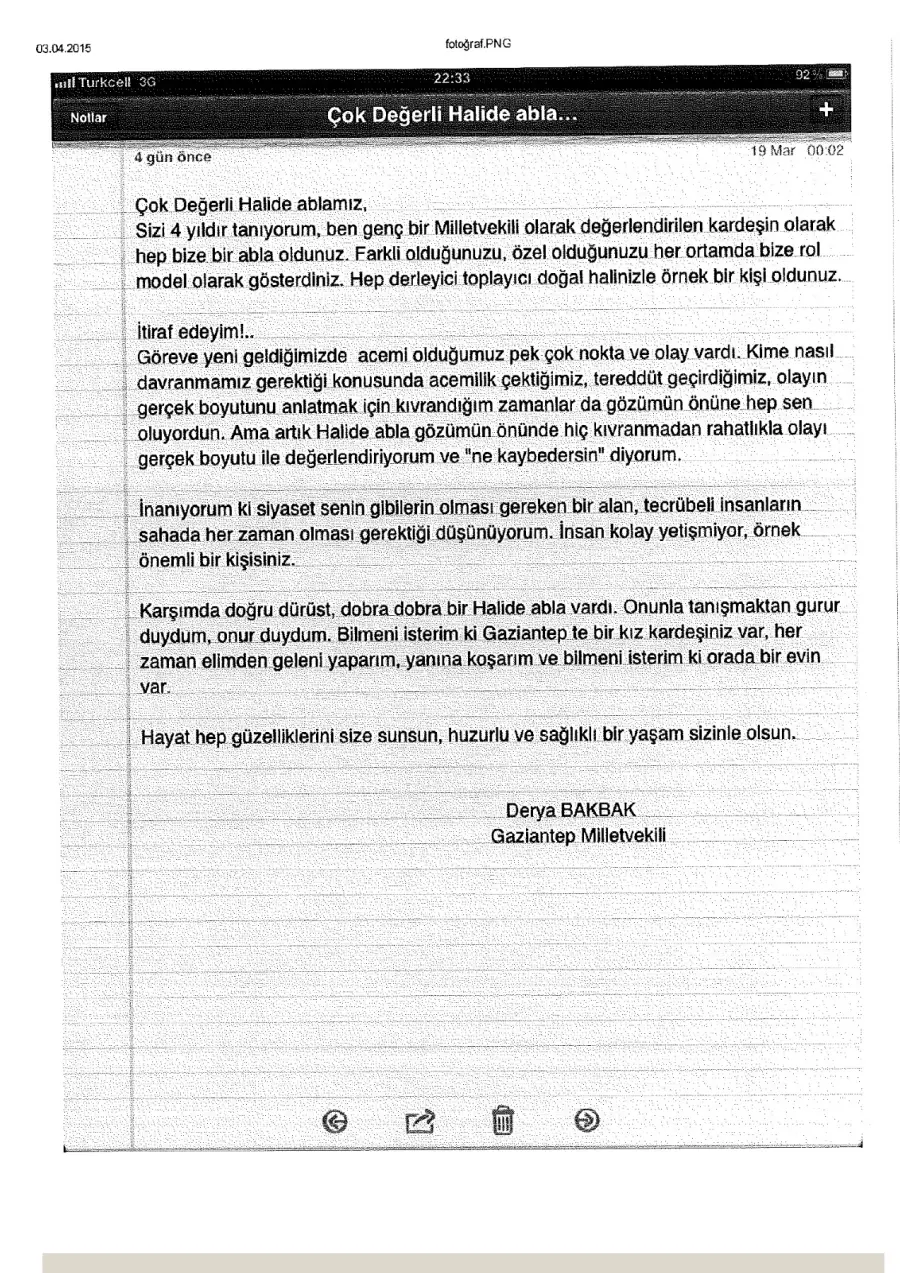 Derya Bakbak mektubunun ilk sayfası