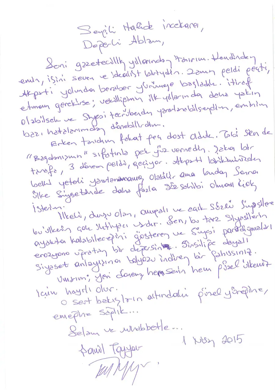 Şamil Tayyar mektubunun ilk sayfası