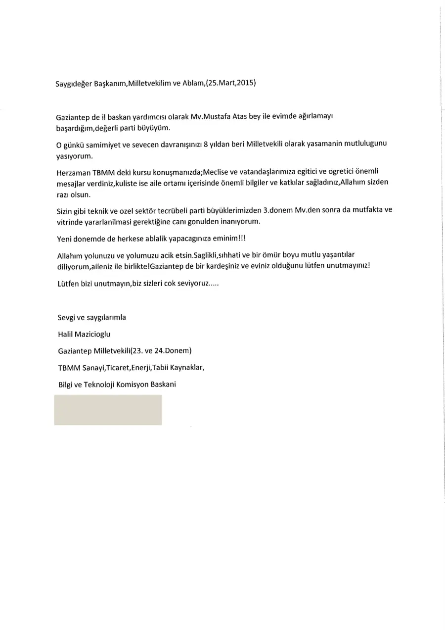 Halil Mazıcıoğlu mektubunun ilk sayfası