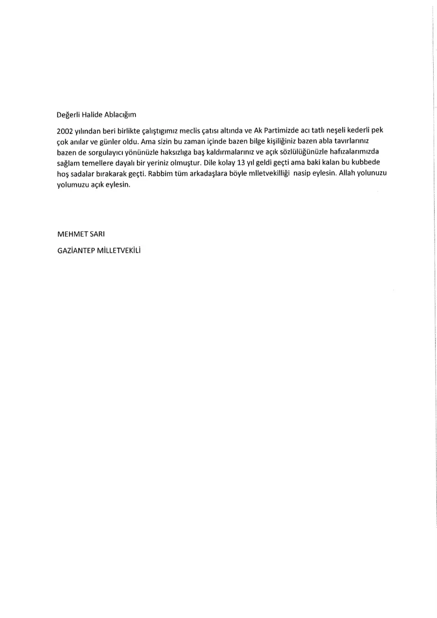Mehmet Sarı mektubunun ilk sayfası