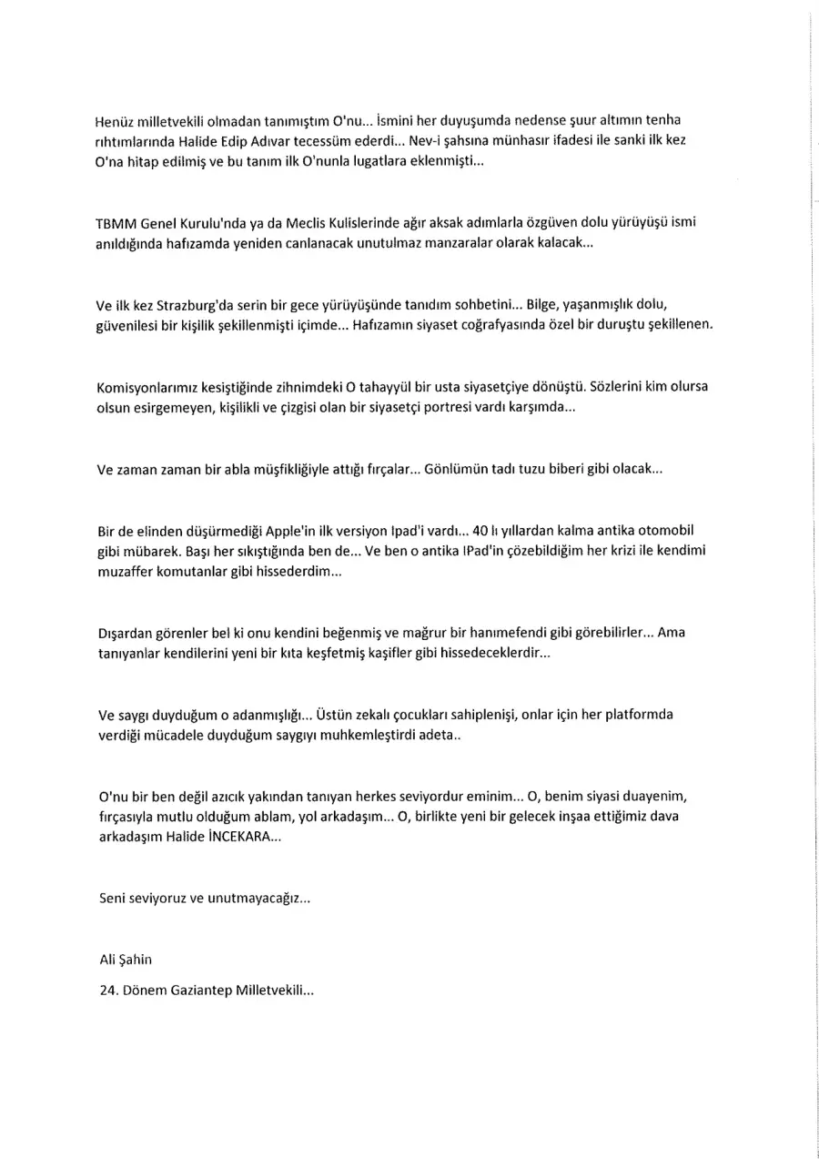 Ali Şahin mektubunun ilk sayfası