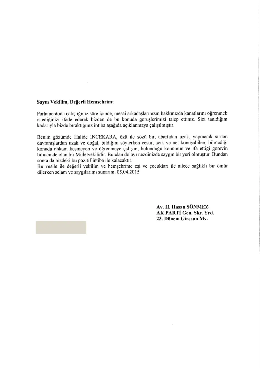 Av. H. Hasan Sönmez mektubunun ilk sayfası