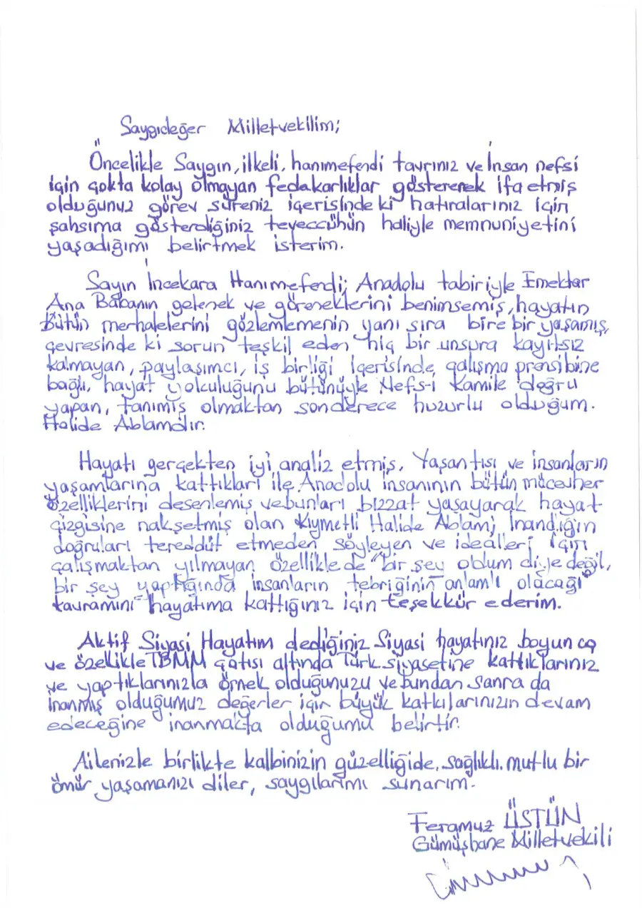Feramuz Üstün mektubunun ilk sayfası