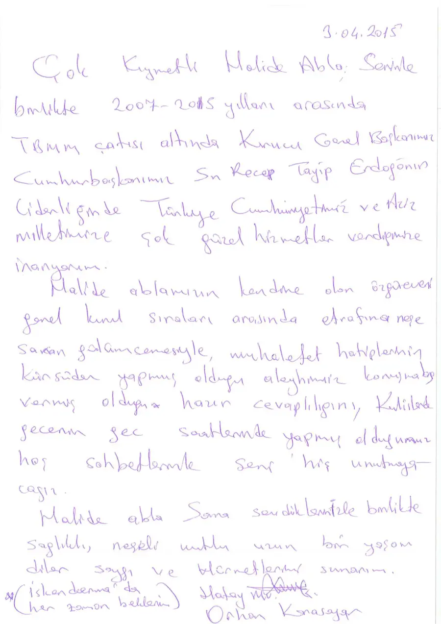 Orhan Karasayar mektubunun ilk sayfası