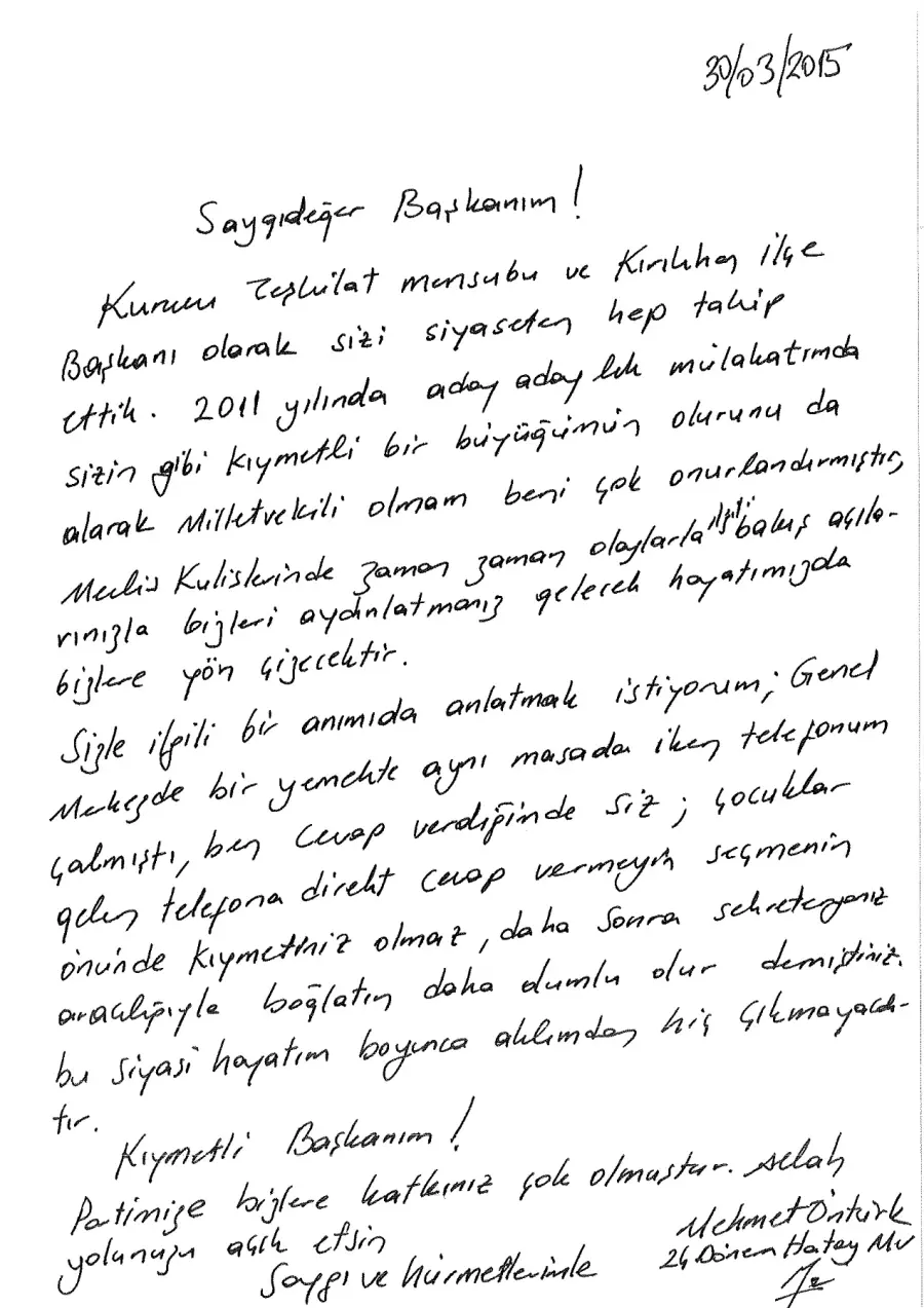 Mehmet Öntürk mektubunun ilk sayfası