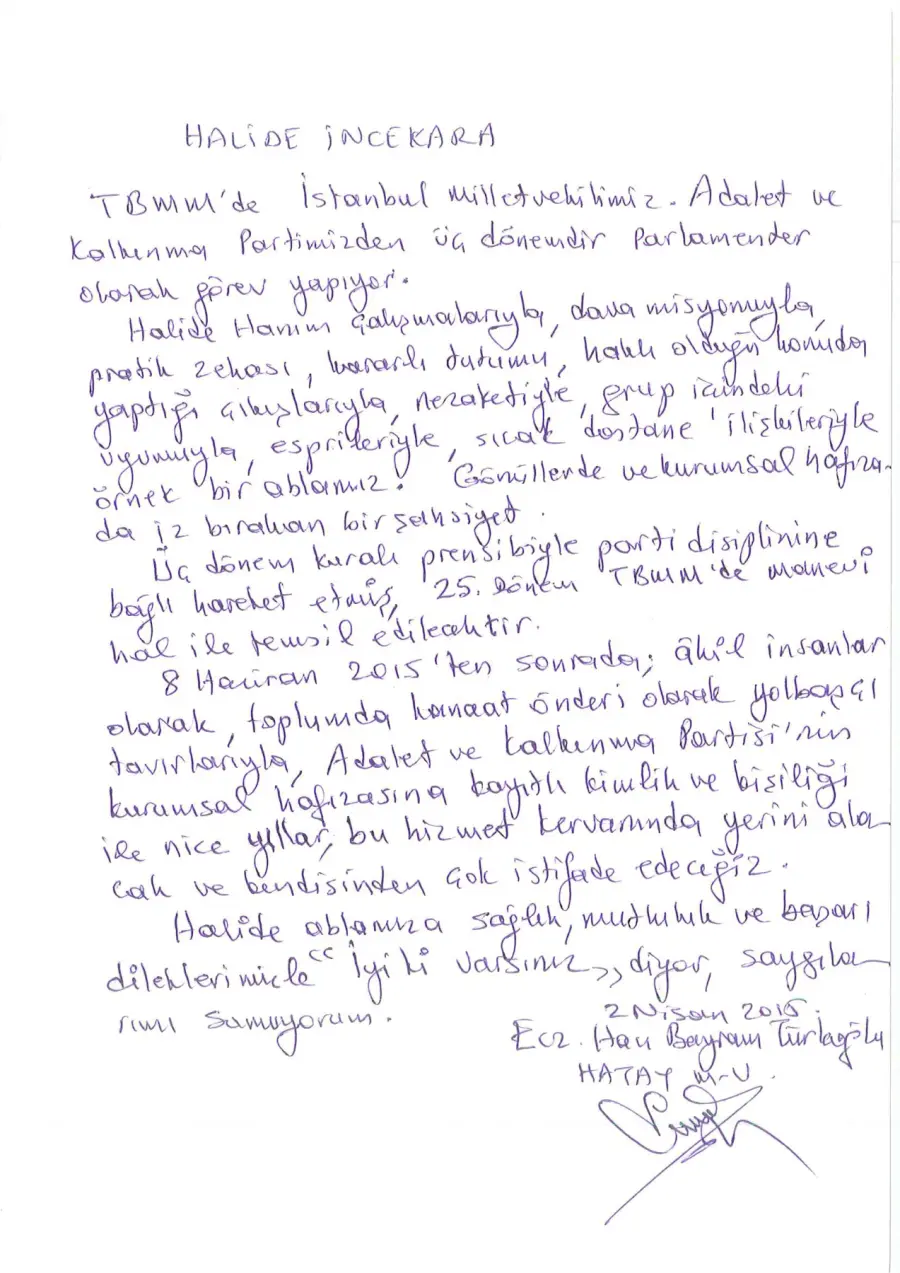 Ecz. Hacı Bayram Türkoğlu mektubunun ilk sayfası