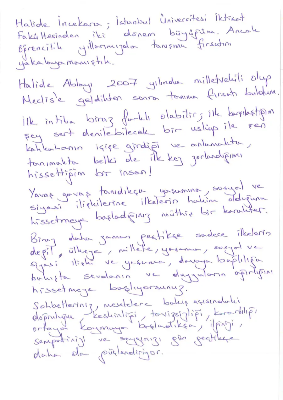 Süreyya Sadi Bilgiç mektubunun ilk sayfası
