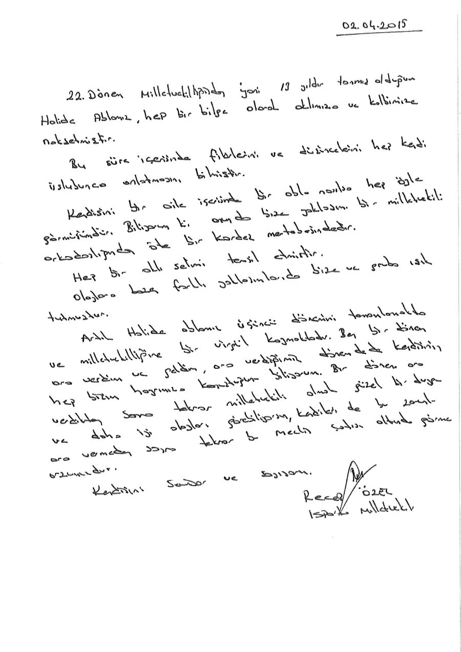 Recep Özel mektubunun ilk sayfası