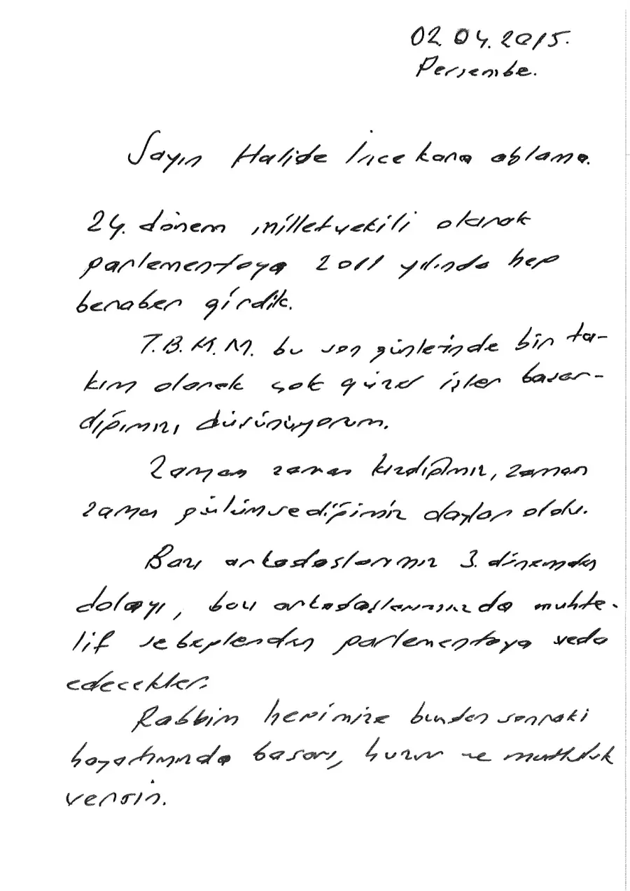 Harun Karaca mektubunun ilk sayfası