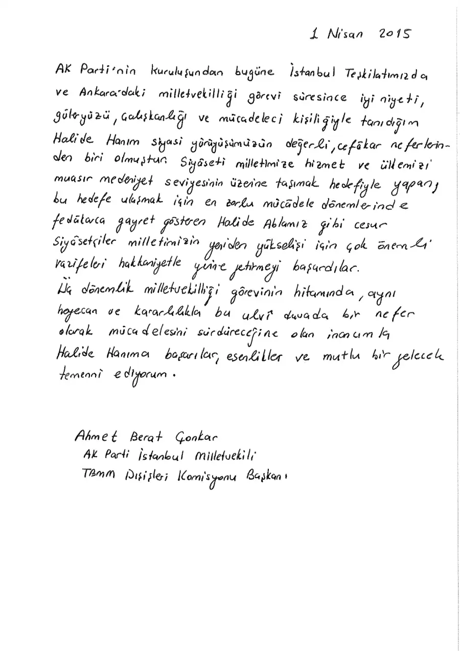 Ahmet Berat Çonkar mektubunun ilk sayfası