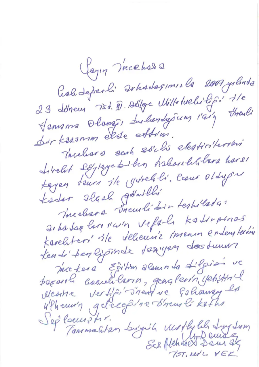 Ecz. Mehmet Domaç mektubunun ilk sayfası