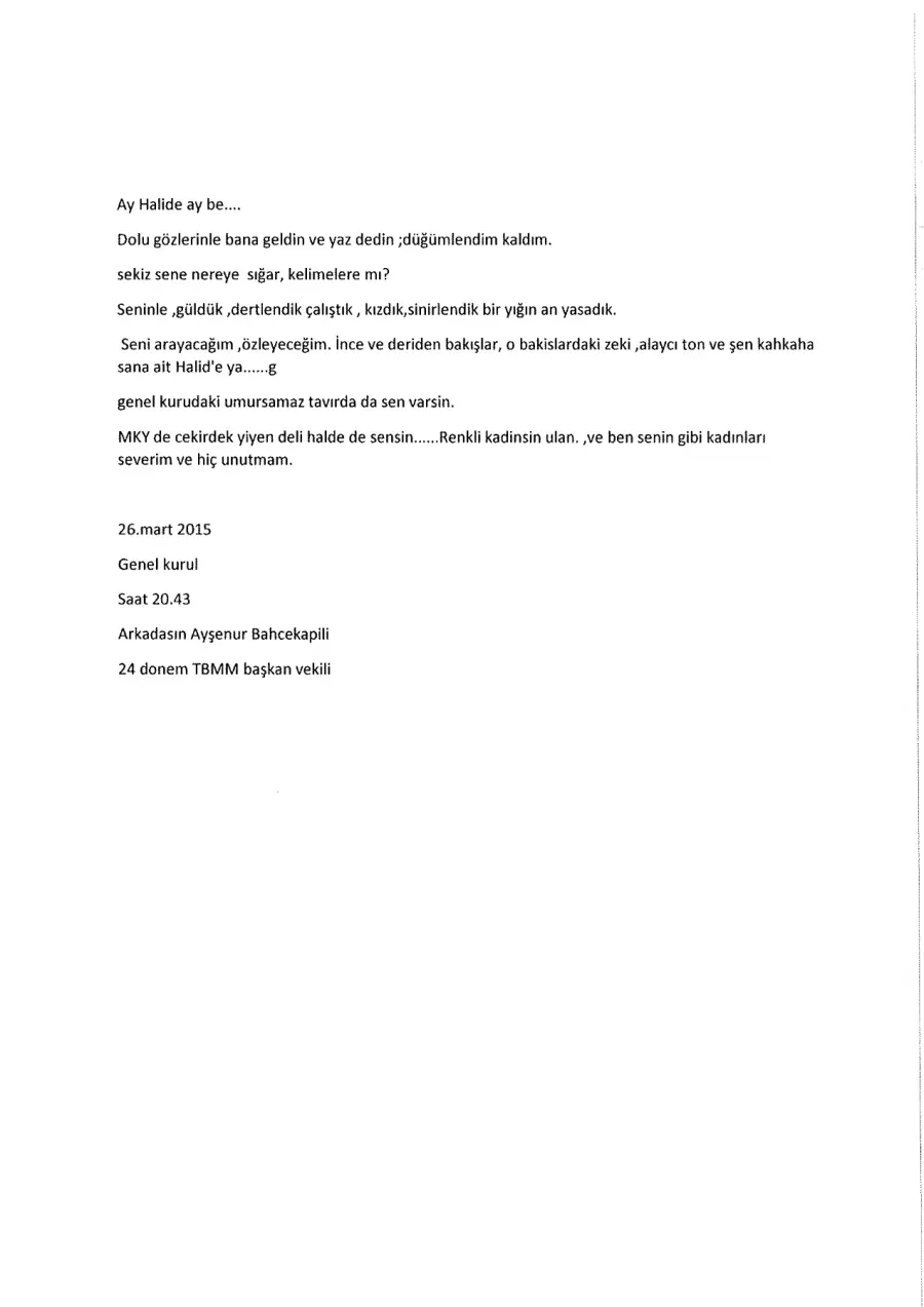 Ayşenur Bahçekapılı mektubunun ilk sayfası