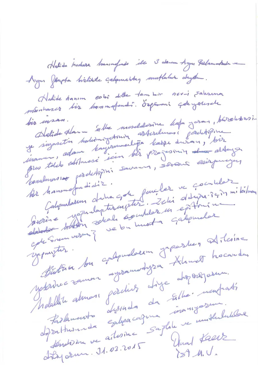 Ünal Kacır mektubunun ilk sayfası