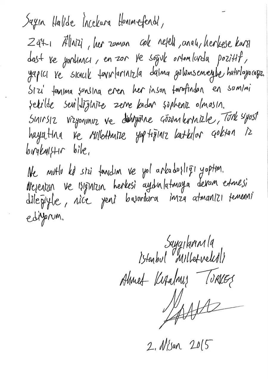 Ahmet Kutalmış Türkeş mektubunun ilk sayfası