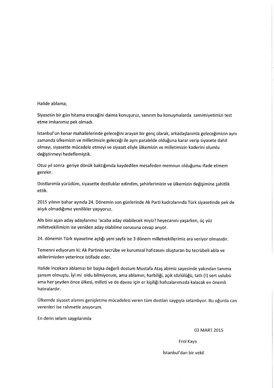 Erol Kaya mektubunun ilk sayfası