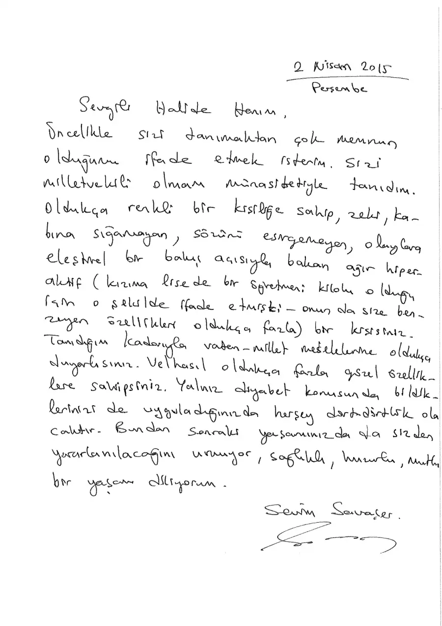 Sevim Savaşer mektubunun ilk sayfası
